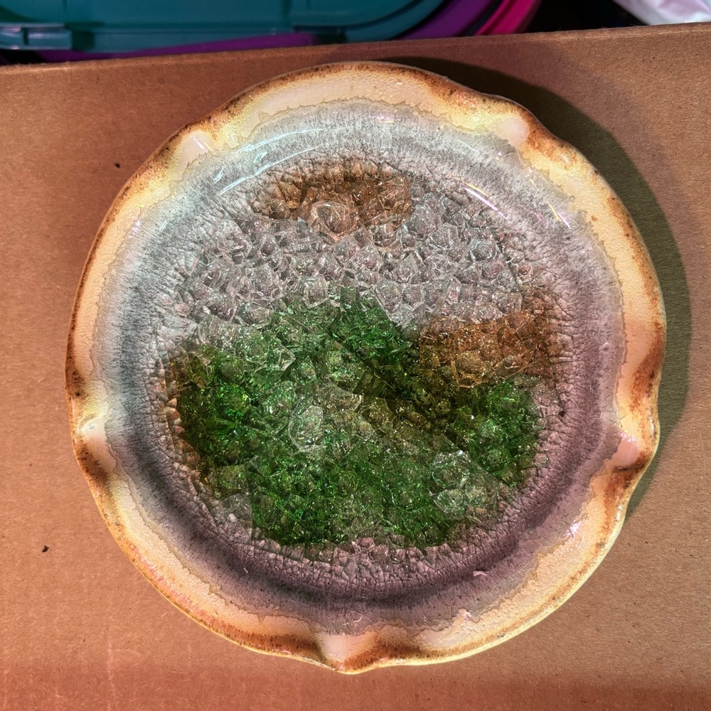 Green Crystalline trinket,ashtray,ring dish. Crackle ,geode style art pottery